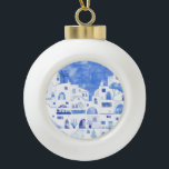 Santorini Griechenland Wassercolor Keramik Kugel-Ornament<br><div class="desc">Ein blaues und weißes Aquarellbild von Oia auf der schönen griechischen Insel Santorin. Originelle Kunst von Nic Squirrell.</div>