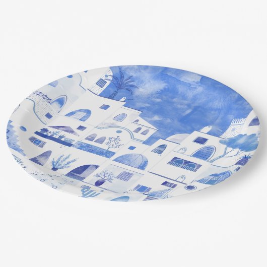 Santorini Griechenland Wassercolor Pappteller (Schrägansicht)