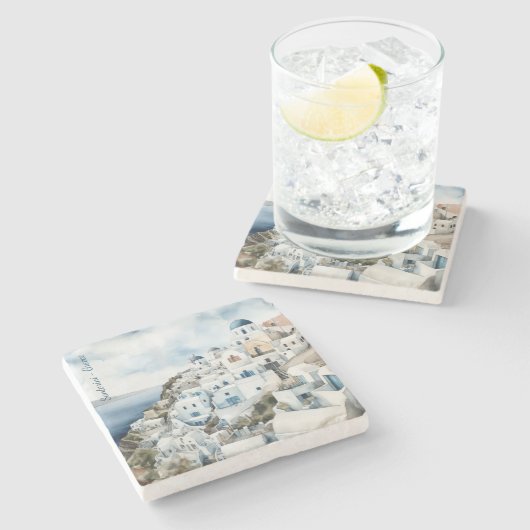 Santorini Griechenland Wassercolor Steinuntersetzer (Seitenansicht)