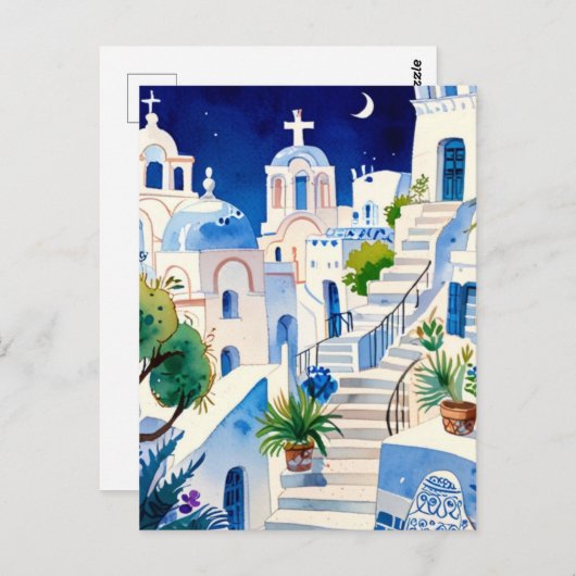 Santorini, Griechenland Wasserfarbe - Griechische  Postkarte (Vorne/Hinten)