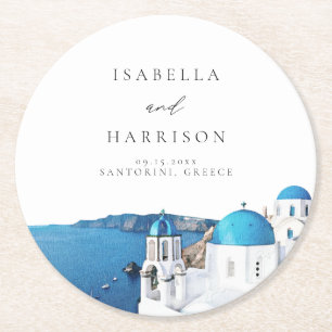 SANTORINI GRIECHENLAND Wasserfarbe Skyline Ziel Runder Pappuntersetzer