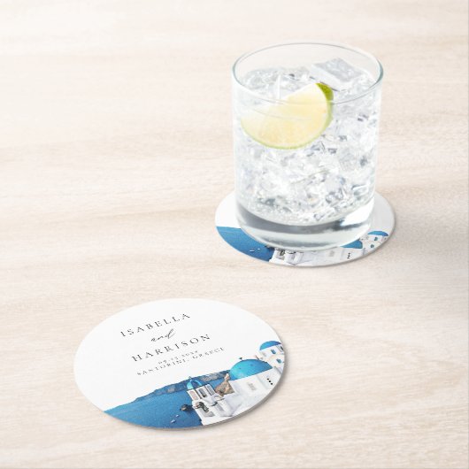 SANTORINI GRIECHENLAND Wasserfarbe Skyline Zielort Runder Pappuntersetzer (Vor Ort)