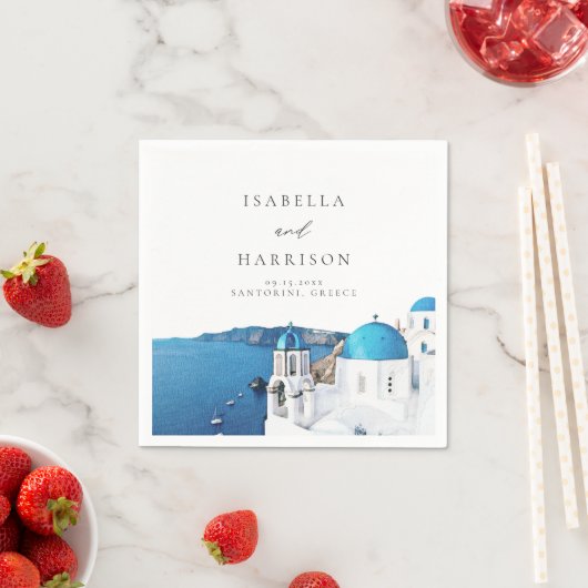 SANTORINI GRIECHENLAND Wasserfarbe Skyline Zielort Serviette (Beispiel)