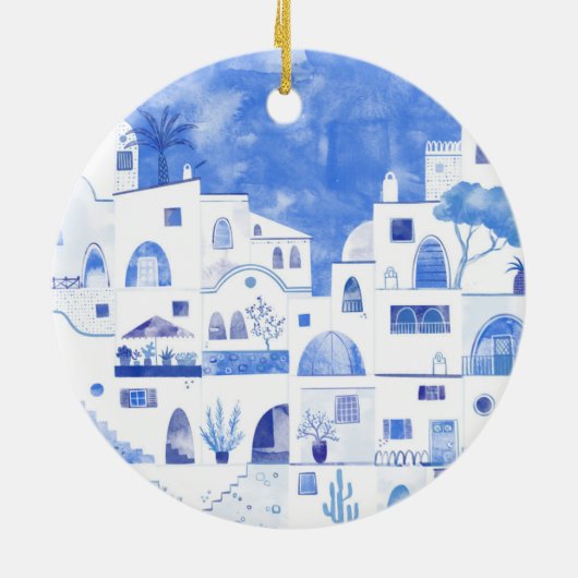 Santorini Griechenland Wasserfarbenwelt Keramik Ornament (Hinten)