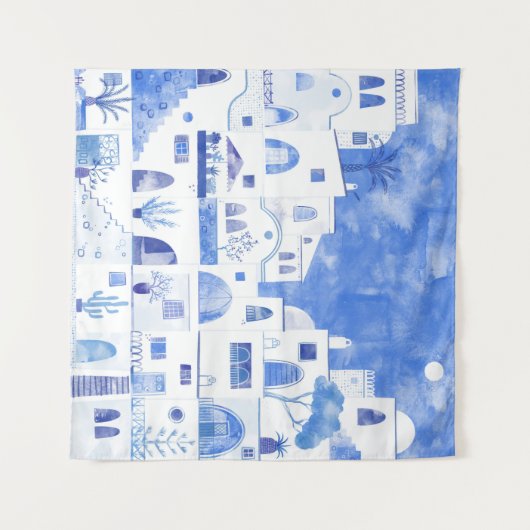 Santorini Griechenland Wasserfarbenwelt Wandteppich (Vorderseite (Horizontal))