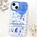 Santorini Griechische Insel Wasserfarbe Personalis Case-Mate iPhone 14 Hülle<br><div class="desc">Aquarellblau-weiße Stadtmalerei basierend auf Oia auf der griechischen Insel Santorini. Ändern Sie den Namen zum Anpassen. Originelle Kunst von Nic Squirrell.</div>