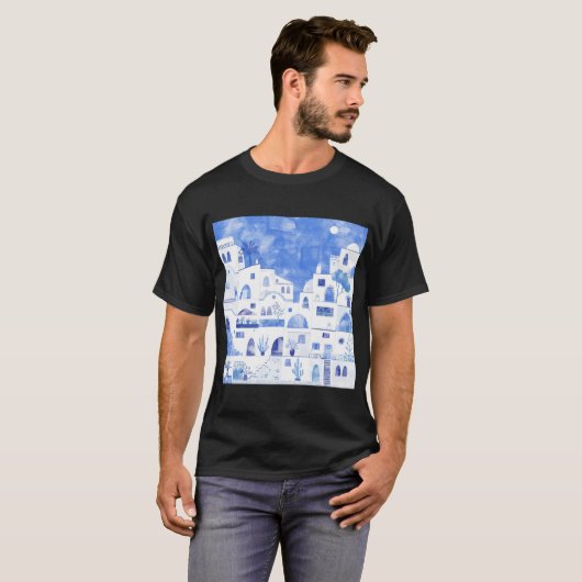 Santorini Griechische Insel Wasserfarbe T-Shirt (Vorne ganz)