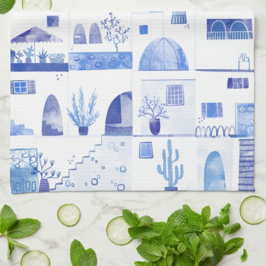 Santorini Griechische Insel Wasserfarbenwelt Geschirrtuch (Gefaltet)