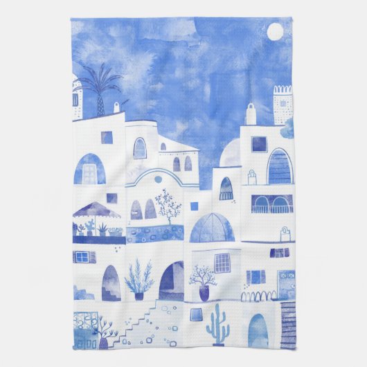Santorini Griechische Insel Wasserfarbenwelt Geschirrtuch (Vertikal)