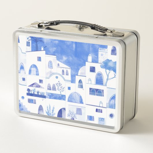 Santorini Griechische Insel Wasserfarbenwelt Metall Brotdose (Rückseite)