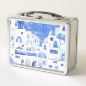 Santorini Griechische Insel Wasserfarbenwelt Metall Brotdose (Vorderseite)