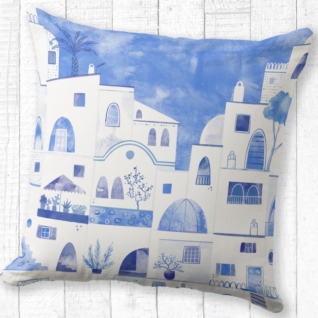 Santorini, griechischer Wasserfarben Kissen (Oia Santorini watercolor art blue and white throw pillow)