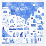 Santorini Griechischer Wasserfarben Personalisiert Poster<br><div class="desc">Aquarellblau-weiße Stadtmalerei basierend auf Oia auf der griechischen Insel Santorini. Originelle Kunst von Nic Squirrell. Ändern Sie den Namen,  um ihn zu personalisieren.</div>