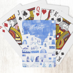Santorini Griechischer Wasserfarben Personalisiert Spielkarten