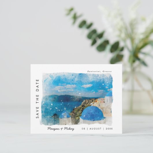 Santorini Grieß Sommer Save the Date Postkarte (Stehend Vorderseite)