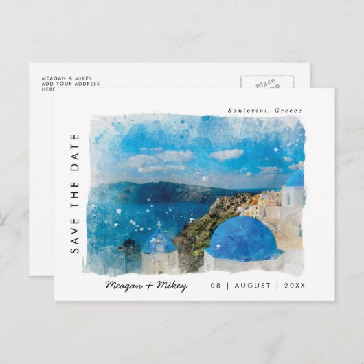 Santorini Grieß Sommer Save the Date Postkarte (Vorne/Hinten)