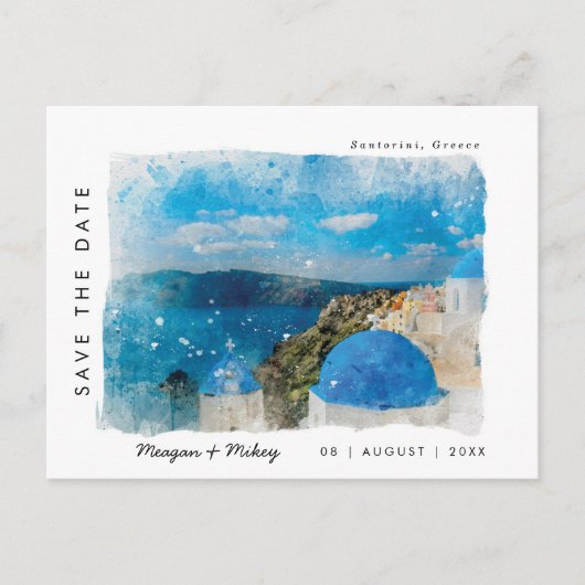 Santorini Grieß Sommer Save the Date Postkarte (Vorderseite)