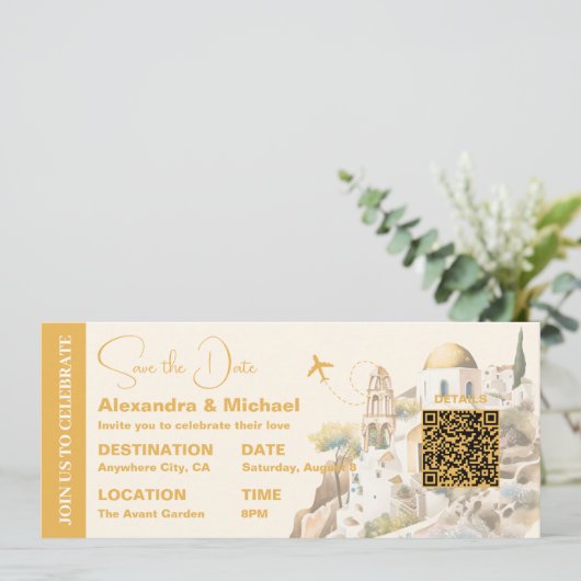 Santorini-Hochzeit in Urlaubsort Einladung (Stehend Vorderseite)