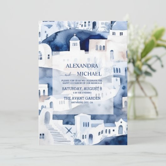 Santorini-Hochzeit in Urlaubsort Einladung (Stehend Vorderseite)
