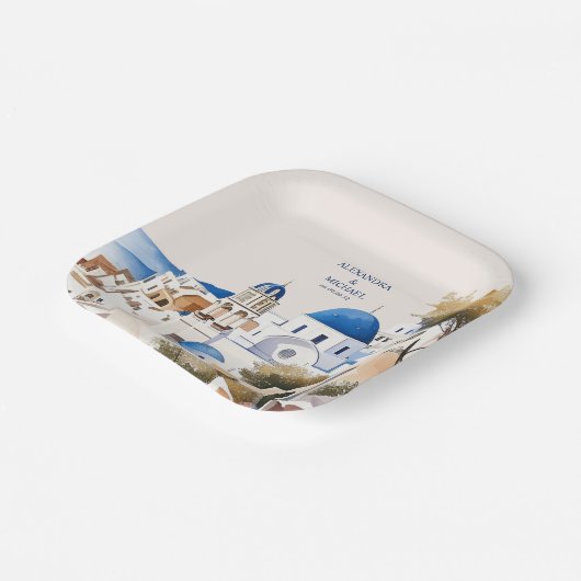 Santorini-Hochzeit in Urlaubsort Pappteller (Gewinkelt)