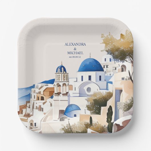 Santorini-Hochzeit in Urlaubsort Pappteller (Vorderseite)