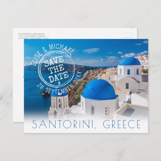 Santorini-Hochzeit in Urlaubsort Save the Date Ankündigungspostkarte (Vorne/Hinten)