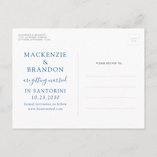 Santorini-Hochzeit in Urlaubsort Save the Date Ankündigungspostkarte (Rückseite)