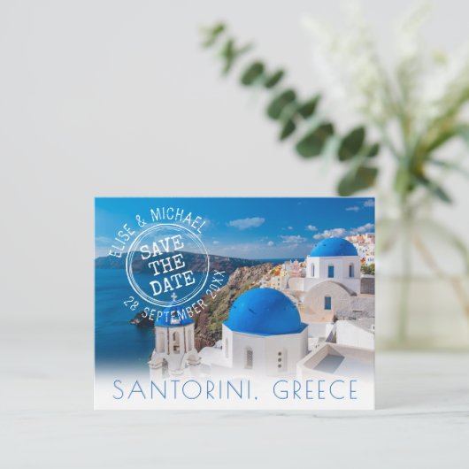 Santorini-Hochzeit in Urlaubsort Save the Date Ankündigungspostkarte (Stehend Vorderseite)