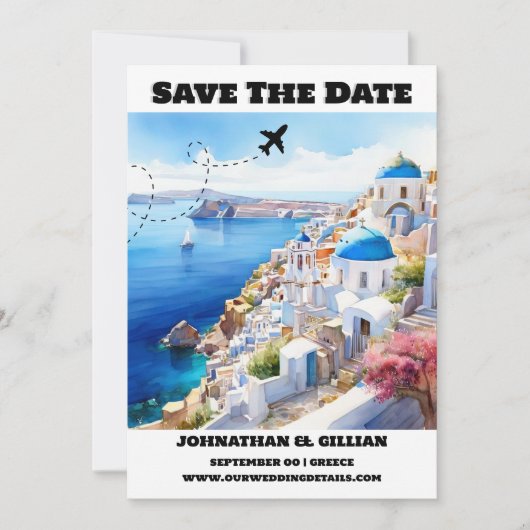 Santorini-Hochzeit in Urlaubsort Save the Date mod (Vorderseite)