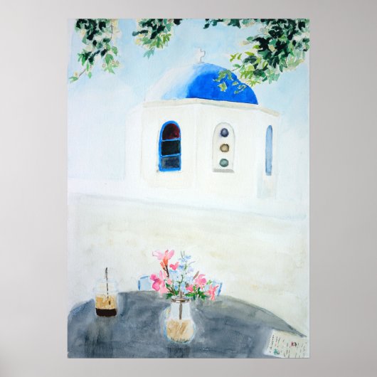 Santorini Kirche in Weiß und Blau Poster (Vorne)