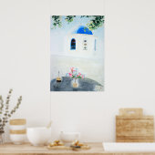 Santorini Kirche in Weiß und Blau Poster (Küche)