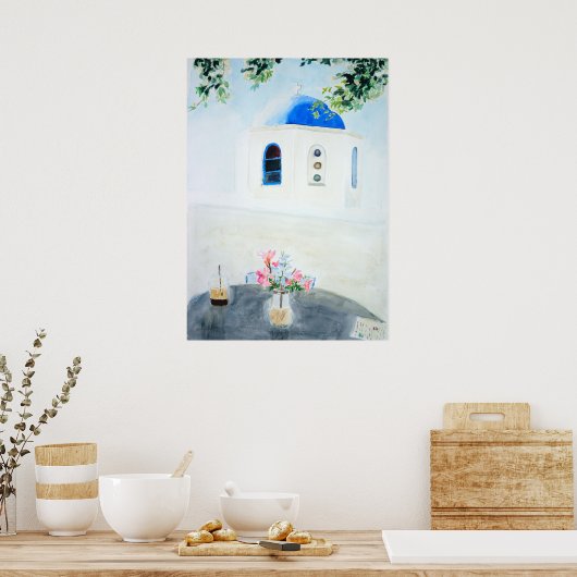 Santorini Kirche in Weiß und Blau Poster (Küche)