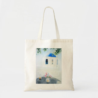 Santorini-Kirche in Weiß und Blau Tragetasche