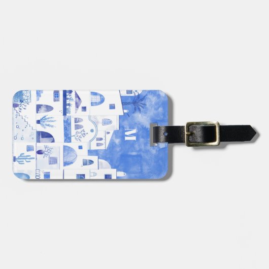 Santorini Monogram Aquarellfarben Kunst Gepäckanhänger (Vorderseite horizontal)