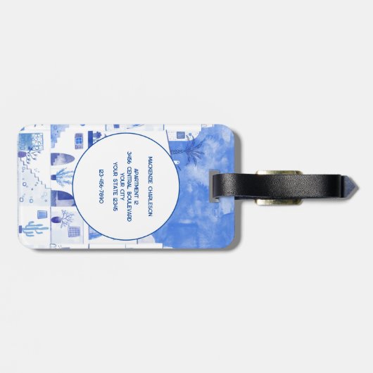 Santorini Monogram Aquarellfarben Kunst Gepäckanhänger (Rückseite horizontal)