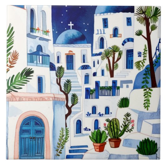 Santorini Night Griechenland Wasserfarbe Blau Weiß Fliese (Vorderseite)