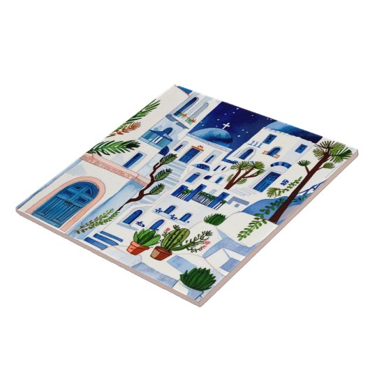 Santorini Night Griechenland Wasserfarbe Blau Weiß Fliese (Seite)