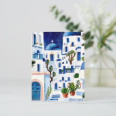 Santorini Night Griechenland Wasserfarbe Blau Weiß Postkarte (Stehend Vorderseite)