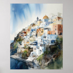 Santorini Oia Griechenland Aquarell Art Print Post Poster