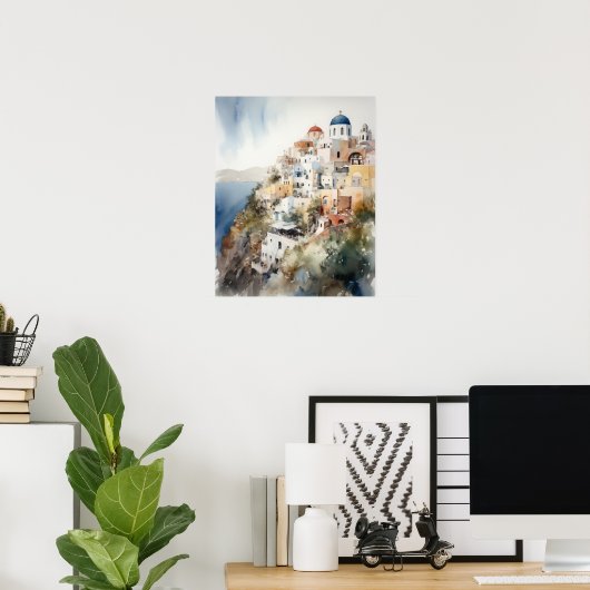 Santorini Oia Griechenland Aquarell Art Print Post Poster (Heimbüro)