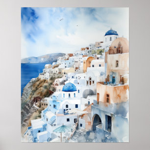 Santorini Oia Griechenland Aquarell Art Print Post Poster