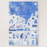 Santorini Oia Griechische Insel Wasserfarbenwelt Puzzle<br><div class="desc">Blaue und weiße Aquarellmalerei des Dorfes Oia auf der griechischen Insel Santorini.</div>