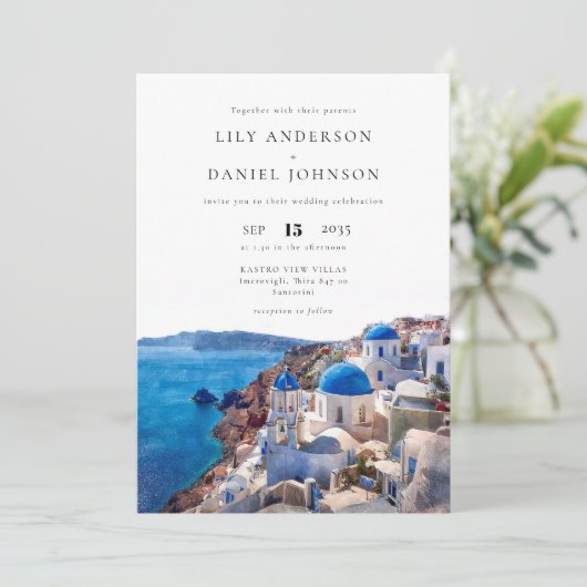 Santorini-QR-Code Griechenland Hochzeit Einladung (Stehend Vorderseite)