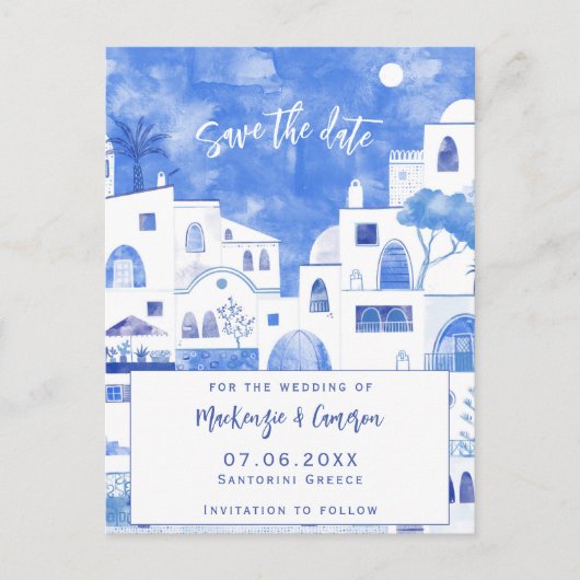 Santorini Save The Date Ankündigungspostkarte (Vorderseite)