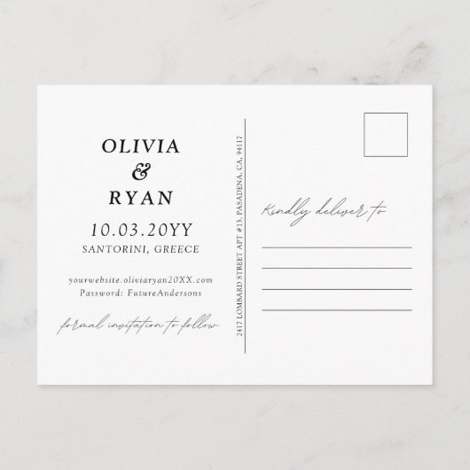 Santorini Save the Date Postkartenhochzeit Postkarte (Rückseite)