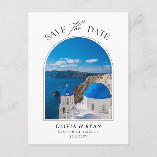 Santorini Save the Date Postkartenhochzeit Postkarte (Vorderseite)
