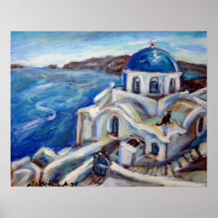 Santorini schwarze Katze Poster
