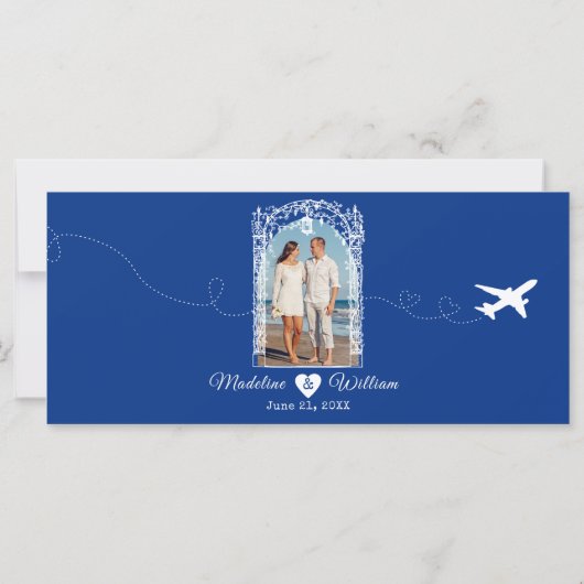 Santorini Skies Boarding Pass Style Save the Date (Rückseite)