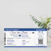 Santorini Skies Boarding Pass Style Save the Date (Stehend Vorderseite)