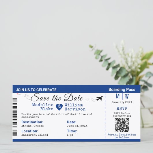 Santorini Skies Boarding Pass Style Save the Date (Stehend Vorderseite)